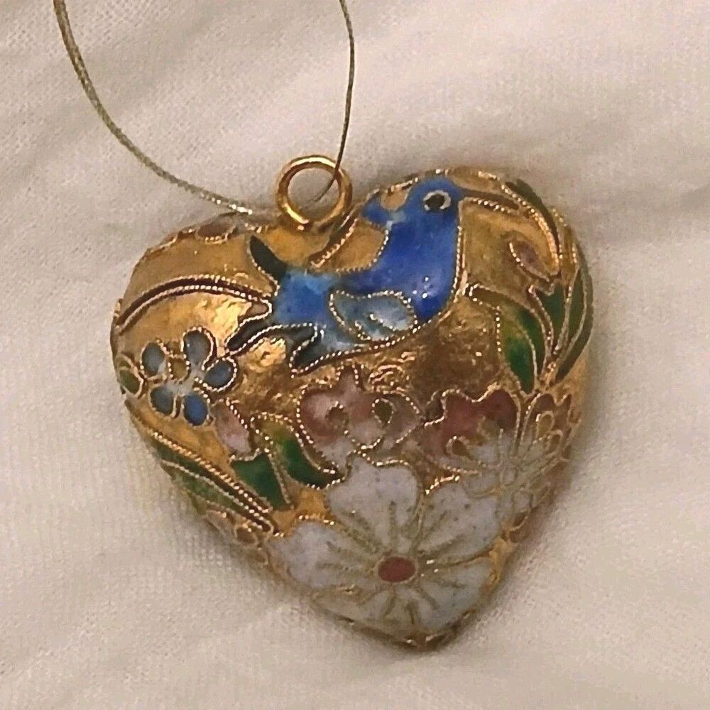 Vtg Cloisonne Puffy Enameled Heart Ornament Gold W/Blue Bird & Flower 2"×2"×1"